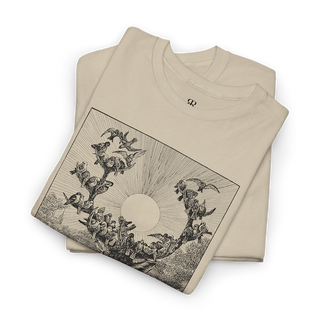 Beige t-shirt showing stag and birds on his horns