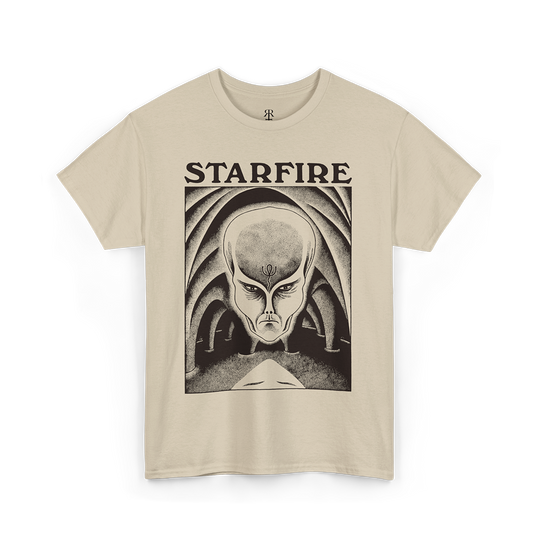 Starfire T-Shirt, featuring iconic cover of Starfire Vol. I No. 5, head of an alien on the front, beige shirt, dark brown print