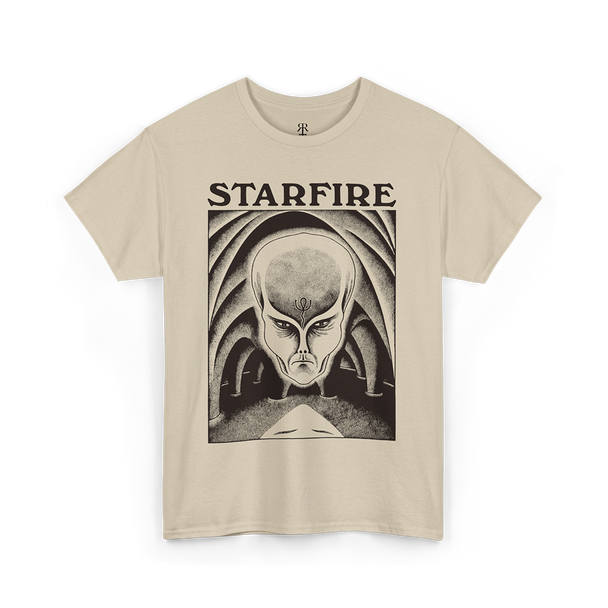 Starfire T-Shirt, featuring iconic cover of Starfire Vol. I No. 5, head of an alien on the front, beige shirt, dark brown print