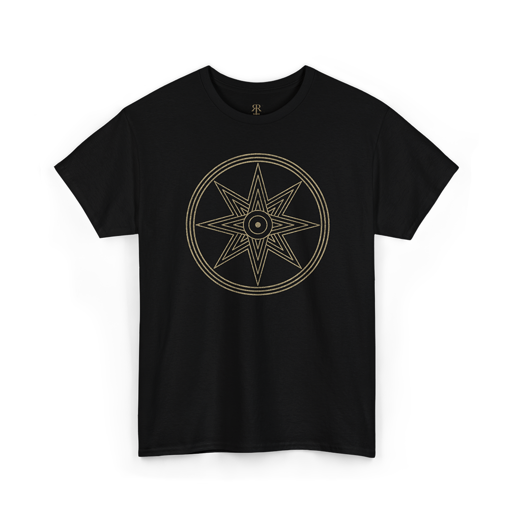 A black short-sleeve crewneck t-shirt featuring a gold-toned circular compass rose graphic printed on the chest, displayed against a clean white background.