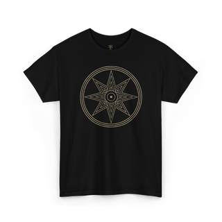 A black short-sleeve crewneck t-shirt featuring a gold-toned circular compass rose graphic printed on the chest, displayed against a clean white background.
