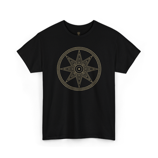 A black short-sleeve crewneck t-shirt featuring a gold-toned circular compass rose graphic printed on the chest, displayed against a clean white background.