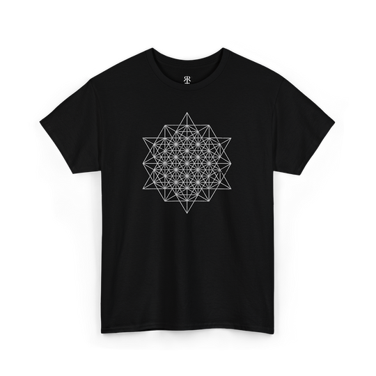 A black crew neck t-shirt with a white geometric star tetrahedron symbol printed on the front.