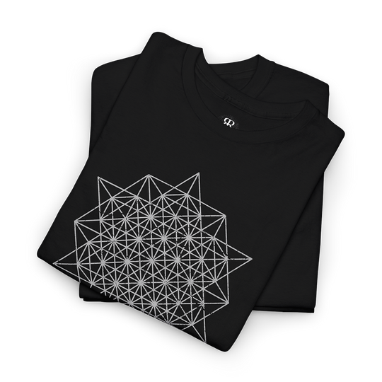 A black crew neck t-shirt with a white geometric star tetrahedron symbol printed on the front.