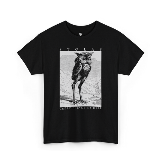 Black T-shirt with a graphic print of an owl and the name 'Stolas' written below it, along with the phrase 'Great Prince of Hell'.