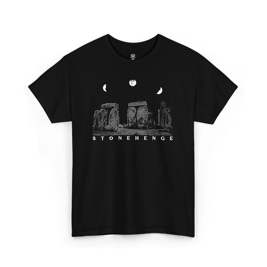 Black Stonehenge T-shirt with white graphic print of Stonehenge and celestial bodies.