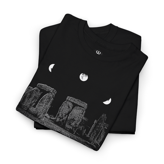 Black Stonehenge T-shirt with white graphic print of Stonehenge and celestial bodies.