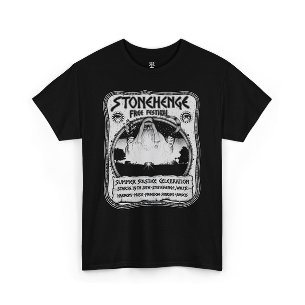 Black T-shirt with a graphic print of Stonehenge and text related to the Stonehenge Free Festival.