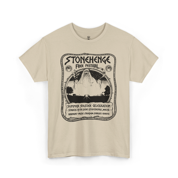 Beige T-shirt with a graphic print of Stonehenge and text related to the Stonehenge Free Festival.