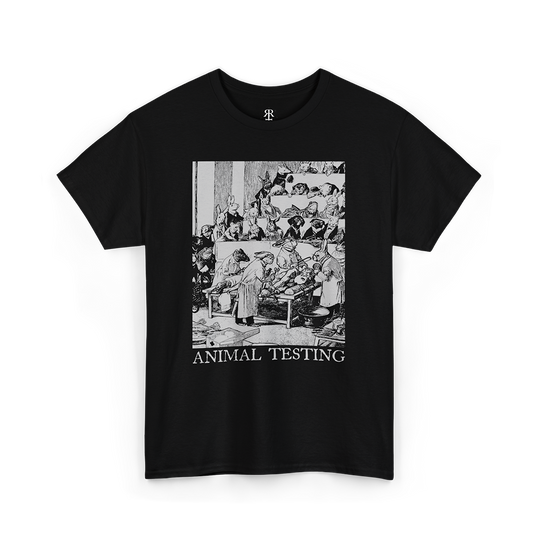 Stop Animal Testing T-shirt showing animals performing experiments on humans in a satirical reversal