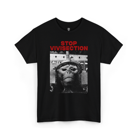 Black T-shirt with 'STOP VIVISECTION' text and an image of an animal in a laboratory setting