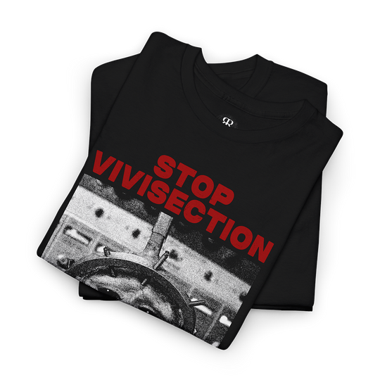 Black T-shirt with 'STOP VIVISECTION' text and an image of an animal in a laboratory setting