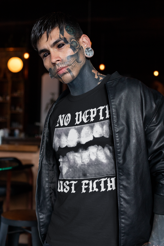 Man wearing Swans No Depth Just Filth T-Shirt