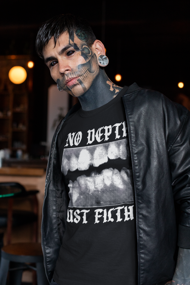 Man wearing Swans No Depth Just Filth T-Shirt