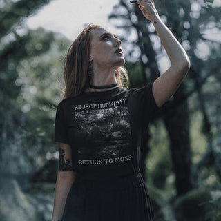 Woman wearing Reject Humanity Return to Moss t-shirt