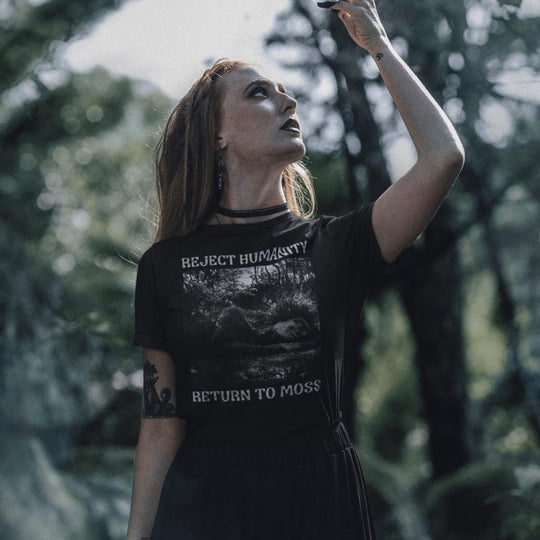 Woman wearing Reject Humanity Return to Moss t-shirt