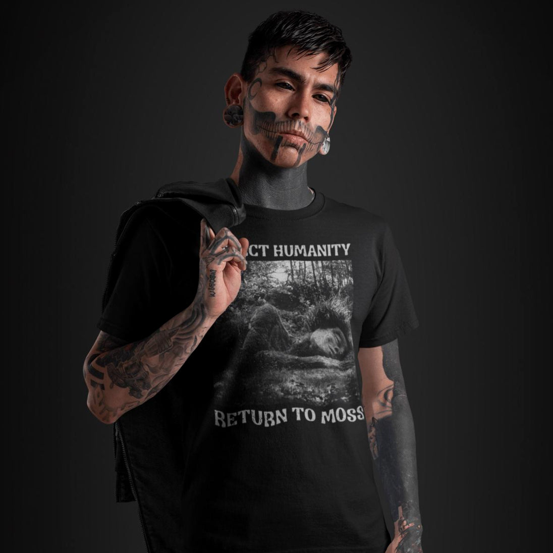 Man wearing Reject Humanity Return to Moss t-shirt