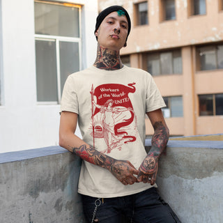 Man wearing Workers of the World Unite T-Shirt