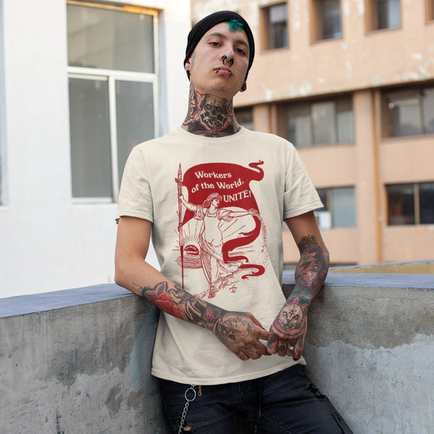 Man wearing Workers of the World Unite T-Shirt