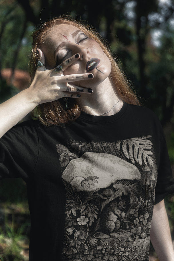 Woman wearing Miss Woodmouse T-Shirt in a forest setting