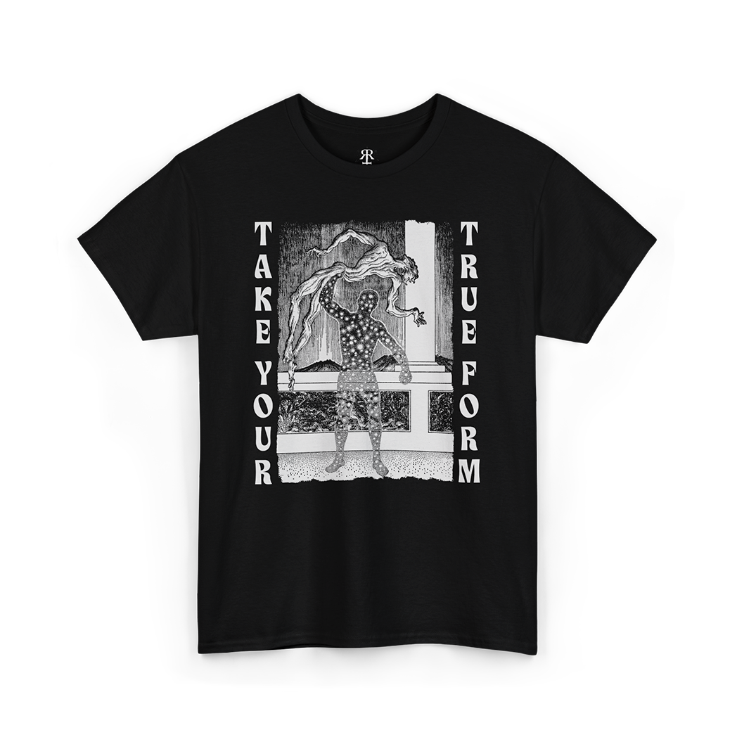 Black crew neck t-shirt with text 'TAKE YOUR TRUE FORM' showing a man removing its skin and beneath revealing human form filled with stars