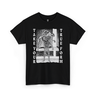 Black crew neck t-shirt with text 'TAKE YOUR TRUE FORM' showing a man removing its skin and beneath revealing human form filled with stars