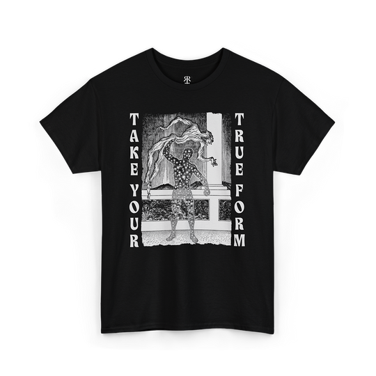 Black crew neck t-shirt with text 'TAKE YOUR TRUE FORM' showing a man removing its skin and beneath revealing human form filled with stars