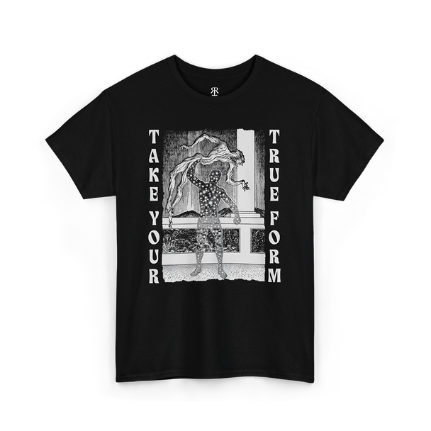 Black crew neck t-shirt with text 'TAKE YOUR TRUE FORM' showing a man removing its skin and beneath revealing human form filled with stars