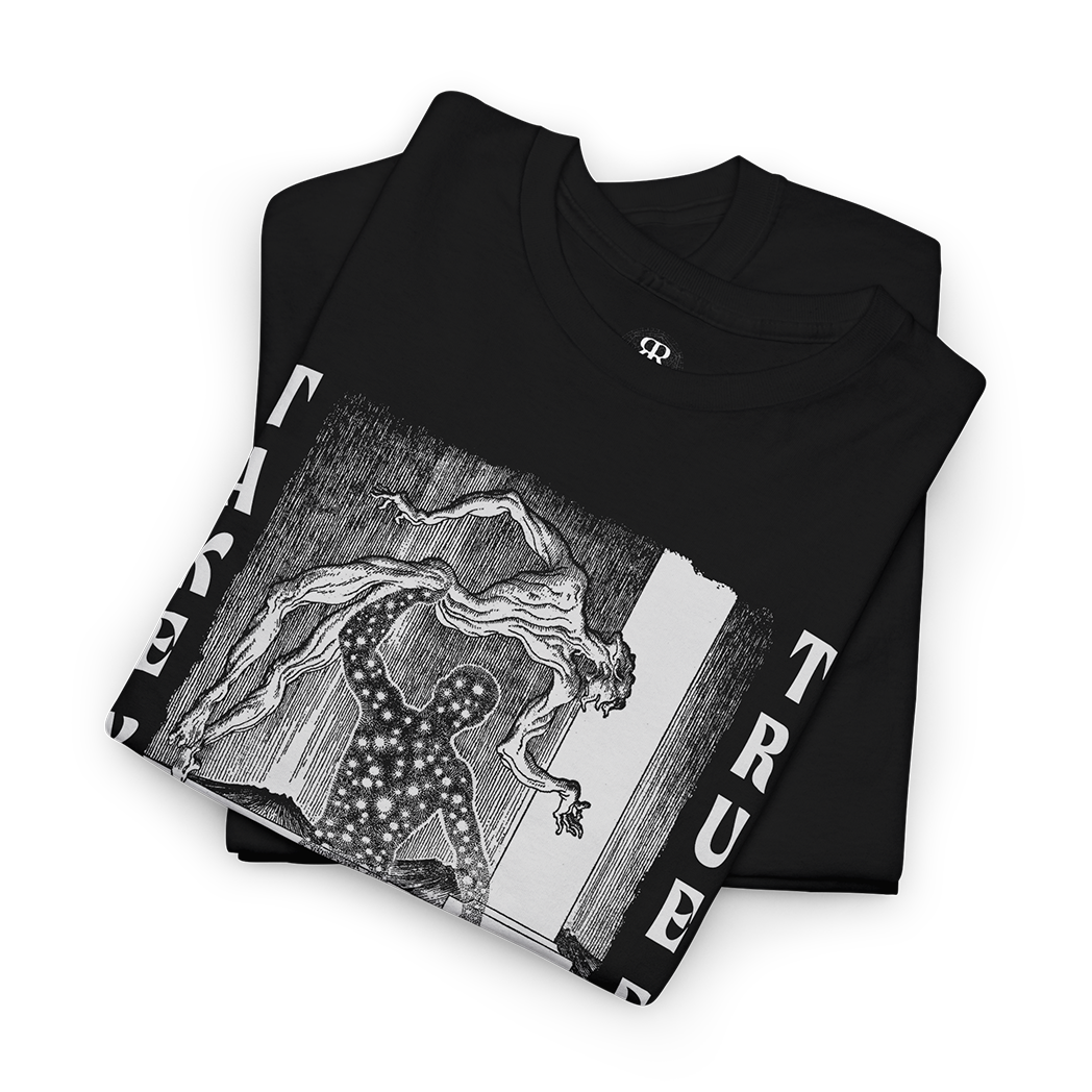 Black crew neck t-shirt with text 'TAKE YOUR TRUE FORM' showing a man removing its skin and beneath revealing human form filled with stars