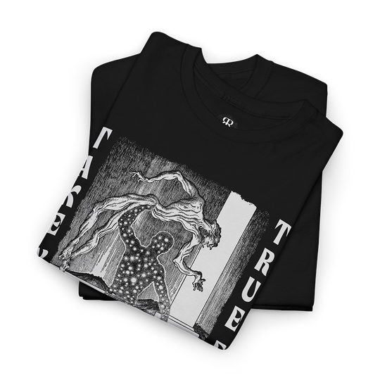 Black crew neck t-shirt with text 'TAKE YOUR TRUE FORM' showing a man removing its skin and beneath revealing human form filled with stars