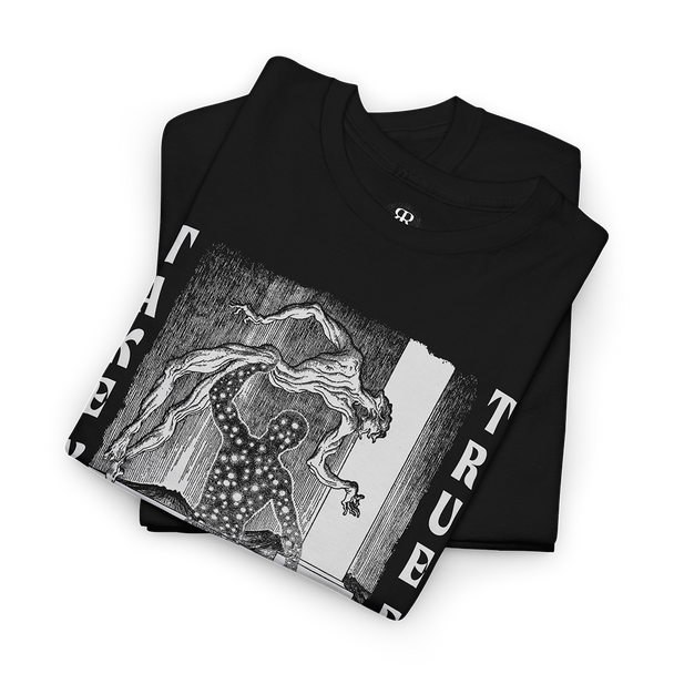 Black crew neck t-shirt with text 'TAKE YOUR TRUE FORM' showing a man removing its skin and beneath revealing human form filled with stars