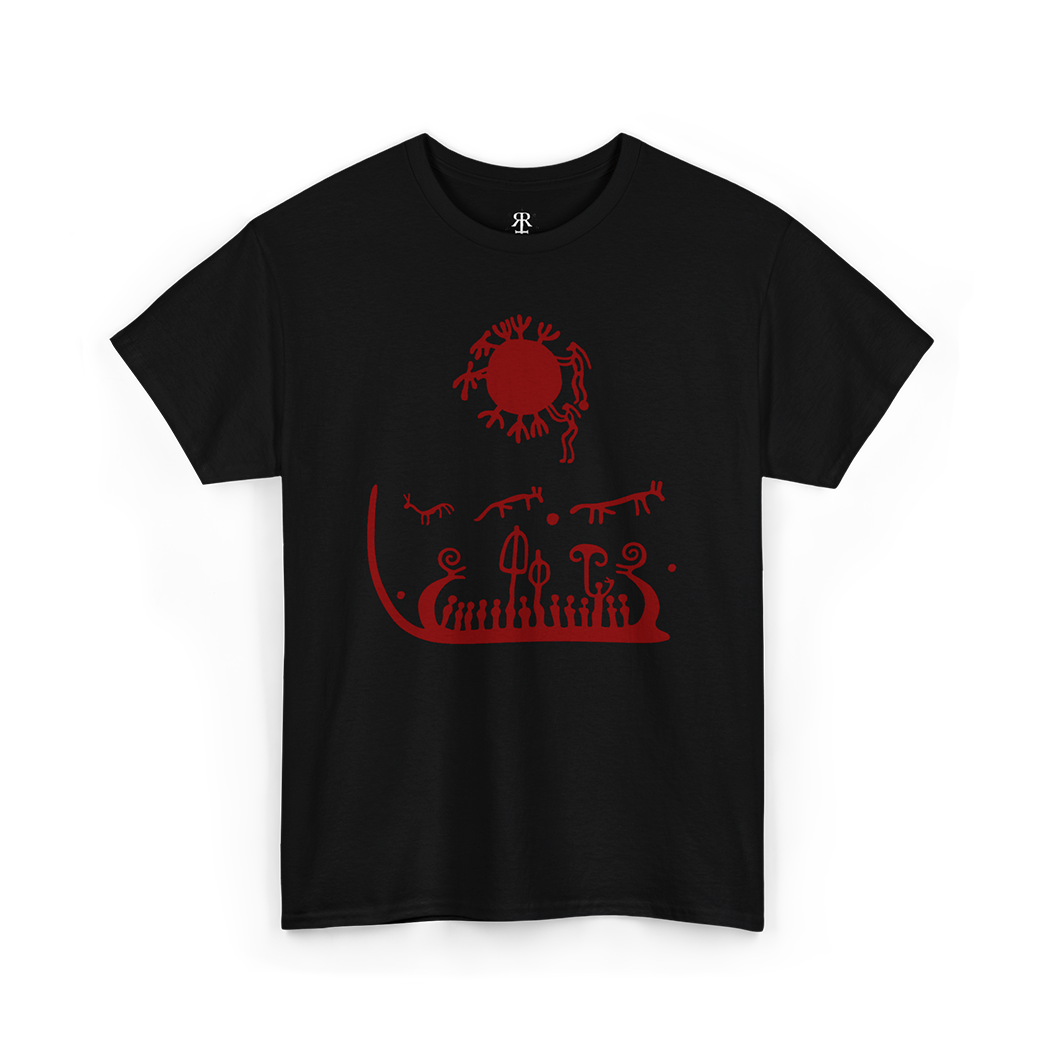 Black T-shirt with a red graphic print of ancient rock carvings Tanum Rock