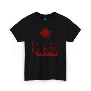 Black T-shirt with a red graphic print of ancient rock carvings Tanum Rock