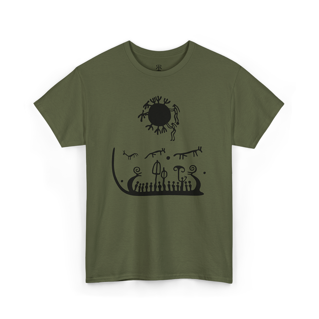 Olive Green T-shirt with a red graphic print of ancient rock carvings Tanum Rock