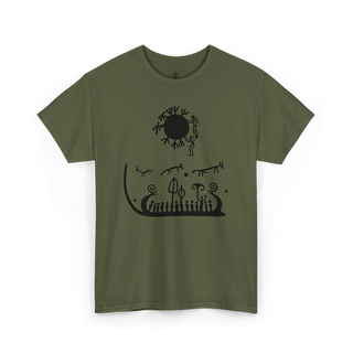 Olive Green T-shirt with a red graphic print of ancient rock carvings Tanum Rock