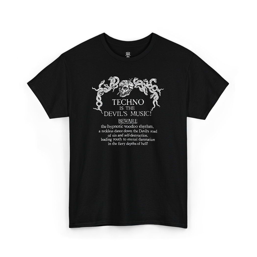 Techno Is the Devil’s Music T-shirt showing bold gothic text with a devil illustration incorporated into the design, black