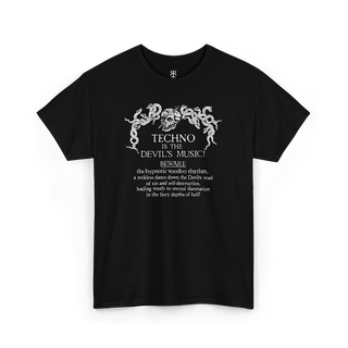 Techno Is the Devil’s Music T-shirt showing bold gothic text with a devil illustration incorporated into the design, black