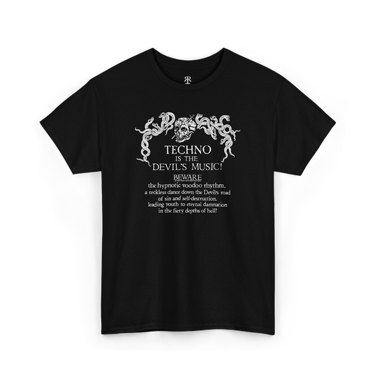 Techno Is the Devil’s Music T-shirt showing bold gothic text with a devil illustration incorporated into the design, black
