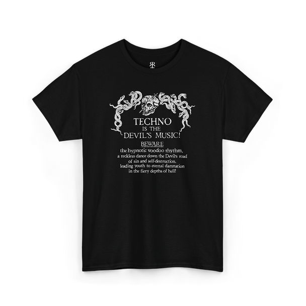 Techno Is the Devil’s Music T-shirt showing bold gothic text with a devil illustration incorporated into the design, black