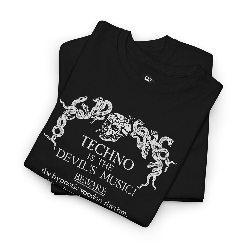 Techno Is the Devil’s Music T-shirt showing bold gothic text with a devil illustration incorporated into the design, black