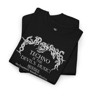 Techno Is the Devil’s Music T-shirt showing bold gothic text with a devil illustration incorporated into the design, black