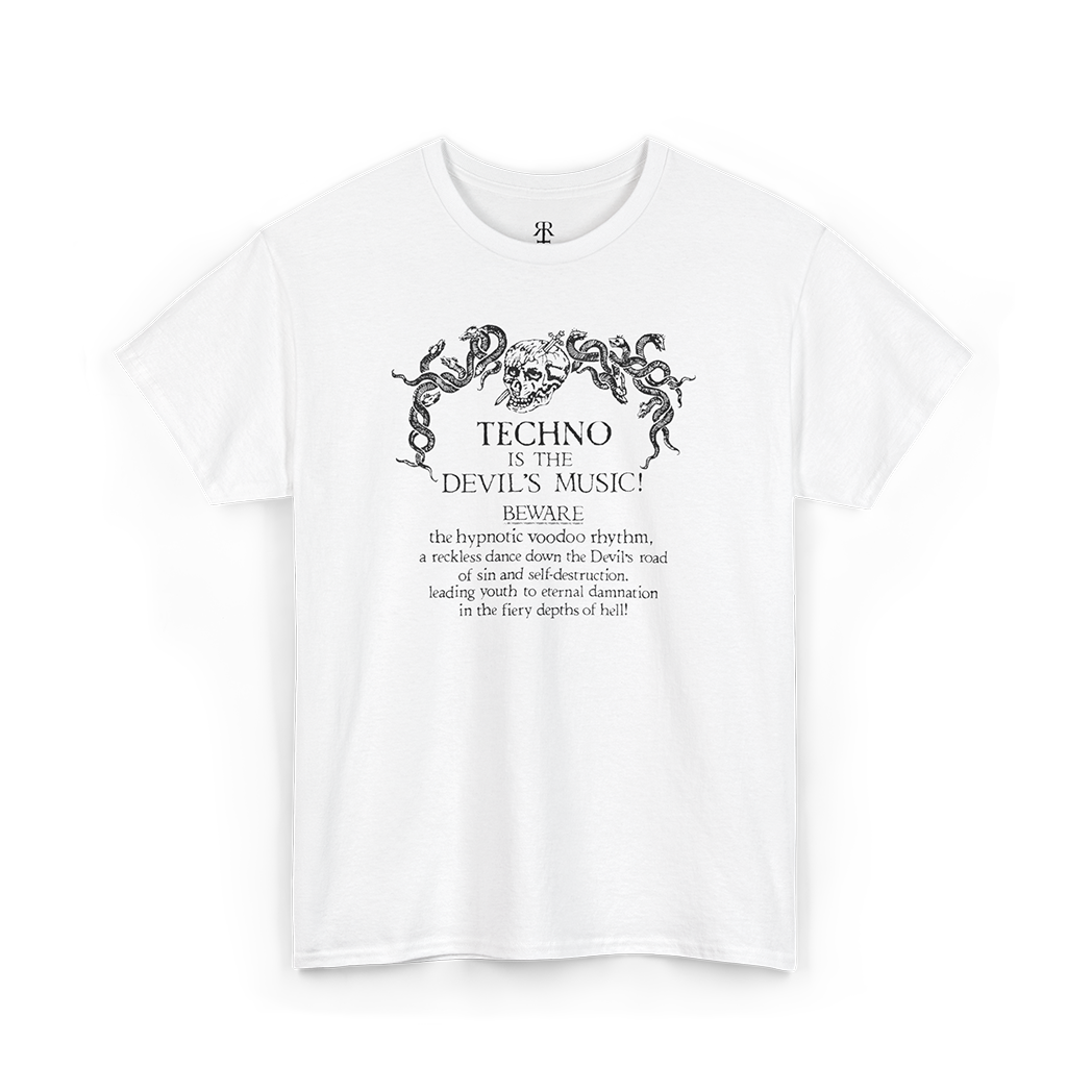 Techno Is the Devil’s Music T-shirt showing bold gothic text with a devil illustration incorporated into the design, white