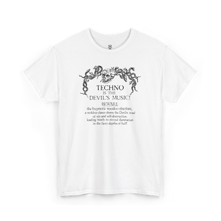 Techno Is the Devil’s Music T-shirt showing bold gothic text with a devil illustration incorporated into the design, white