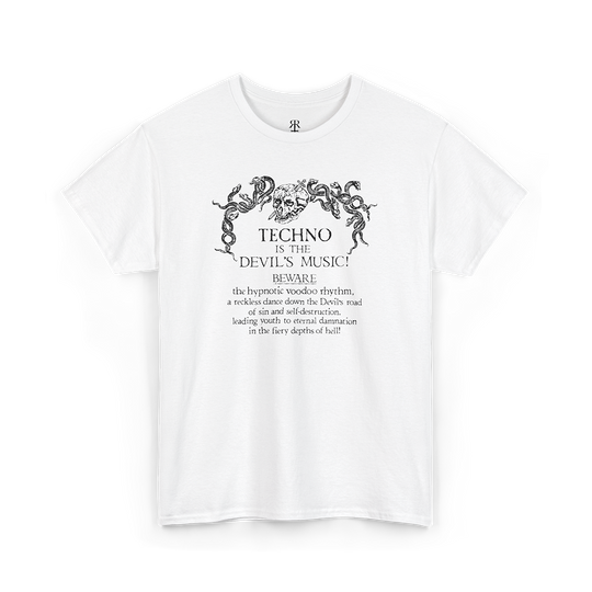 Techno Is the Devil’s Music T-shirt showing bold gothic text with a devil illustration incorporated into the design, white