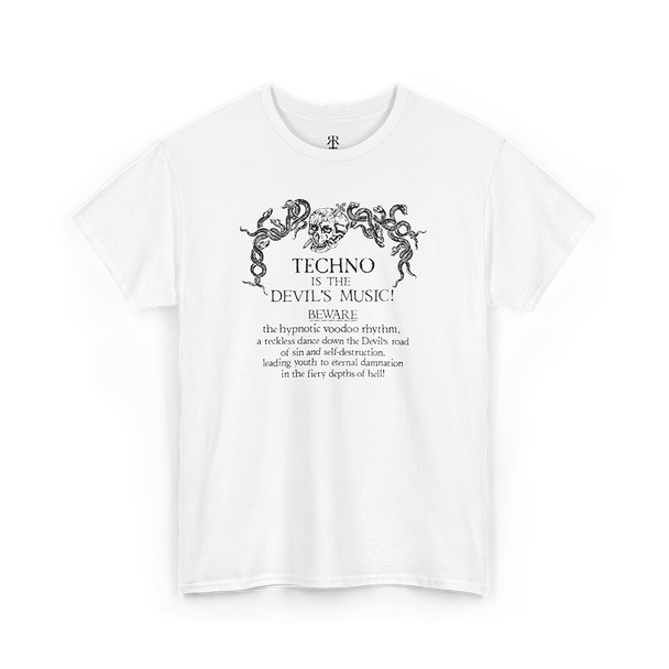 Techno Is the Devil’s Music T-shirt showing bold gothic text with a devil illustration incorporated into the design, white