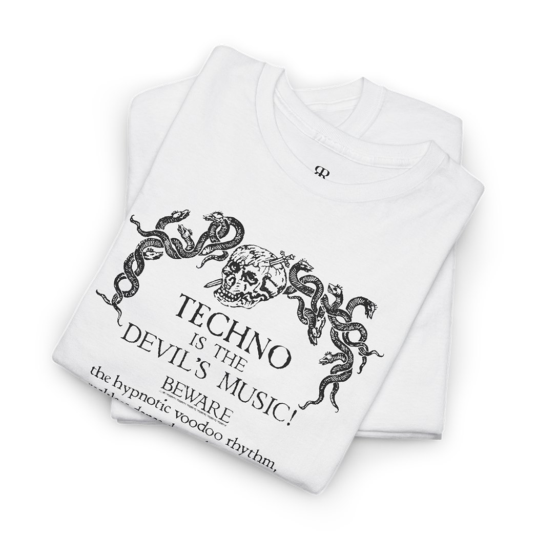 Techno Is the Devil’s Music T-shirt showing bold gothic text with a devil illustration incorporated into the design, white