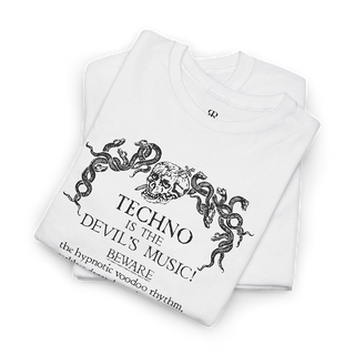 Techno Is the Devil’s Music T-shirt showing bold gothic text with a devil illustration incorporated into the design, white