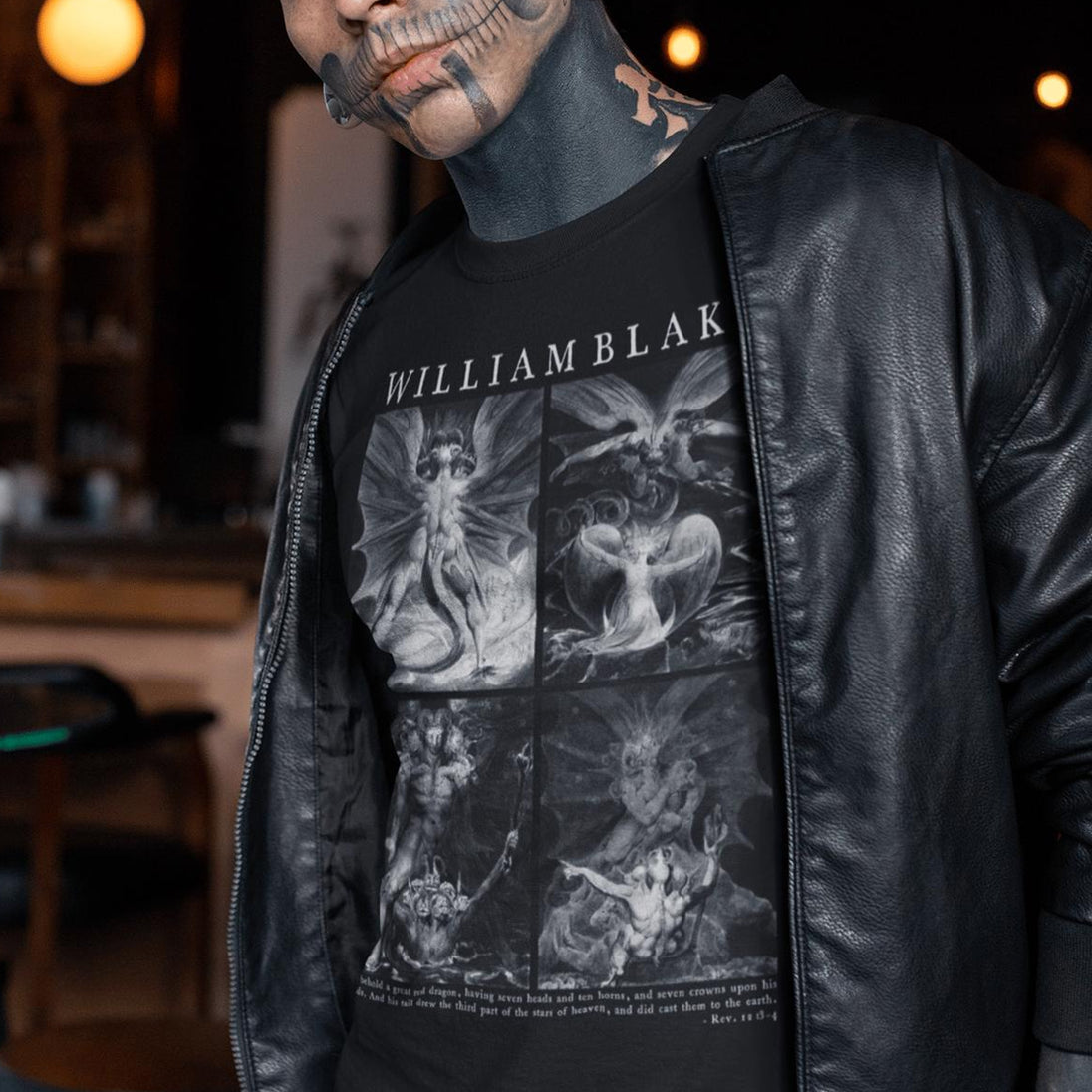 Tattooed man wearing Willam Blake The Great Red Dragon Paintings T-Shirt