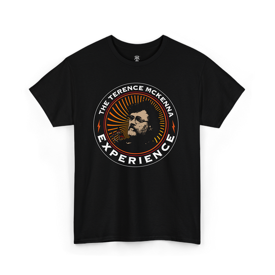 Black T-shirt with a graphic print in the center featuring a stylized image of Terence McKenna and the text 'The Terence McKenna Experience'.