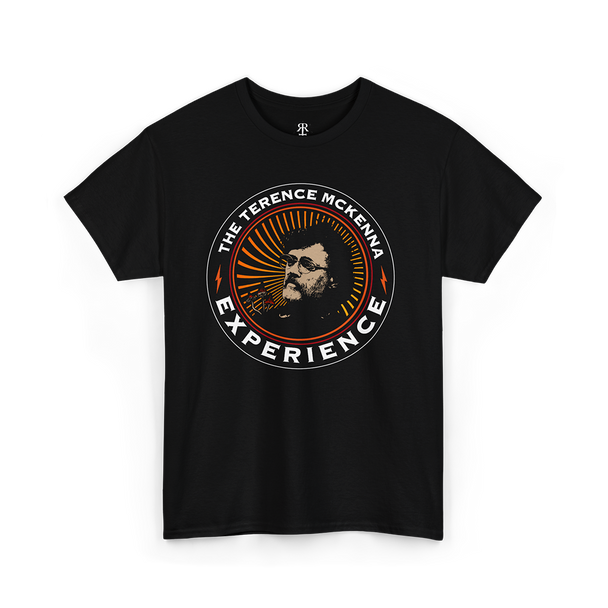 Black T-shirt with a graphic print in the center featuring a stylized image of Terence McKenna and the text 'The Terence McKenna Experience'.